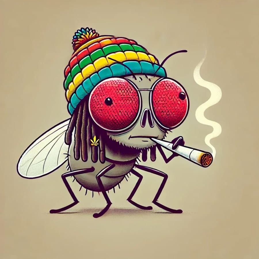 The Le Dookie emblem: the fly in his knit cap and round red glasses, on a cream background.
