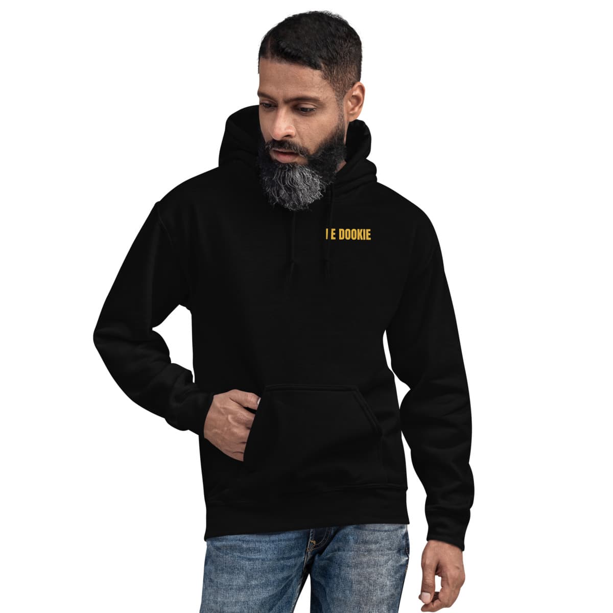 Big Back hoodie, Black, worn by a model. A mockup from the printer.