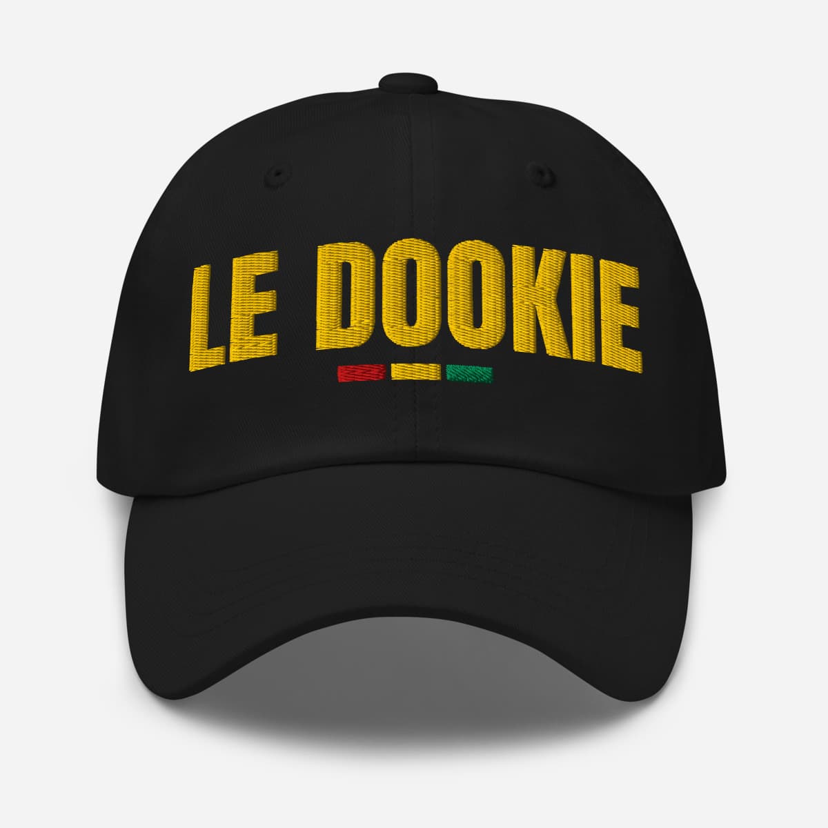 Gold Stitch dad hat, Black, laid flat. A mockup from the printer.