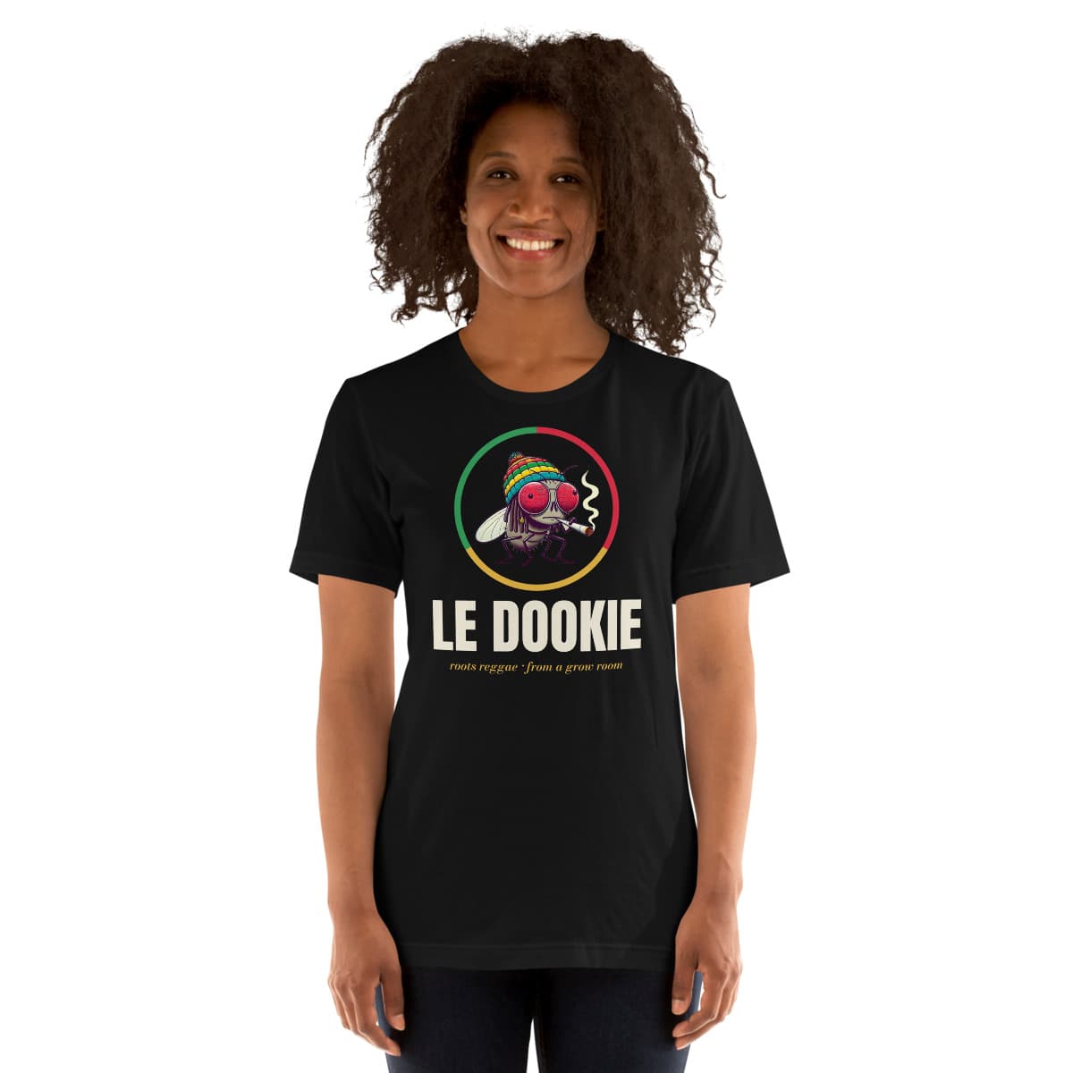 Le Dookie Emblem tee, Black, worn by a model. A mockup from the printer.