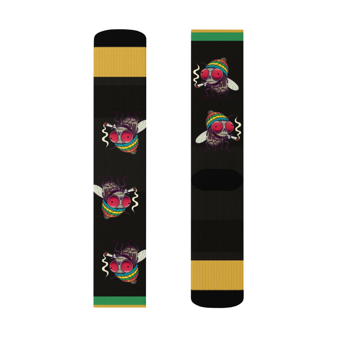 The Fly socks: a mockup from the printer.