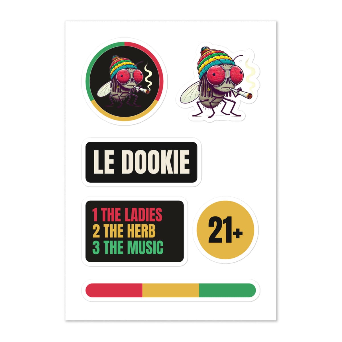 The Le Dookie sticker sheet: a mockup from the printer.