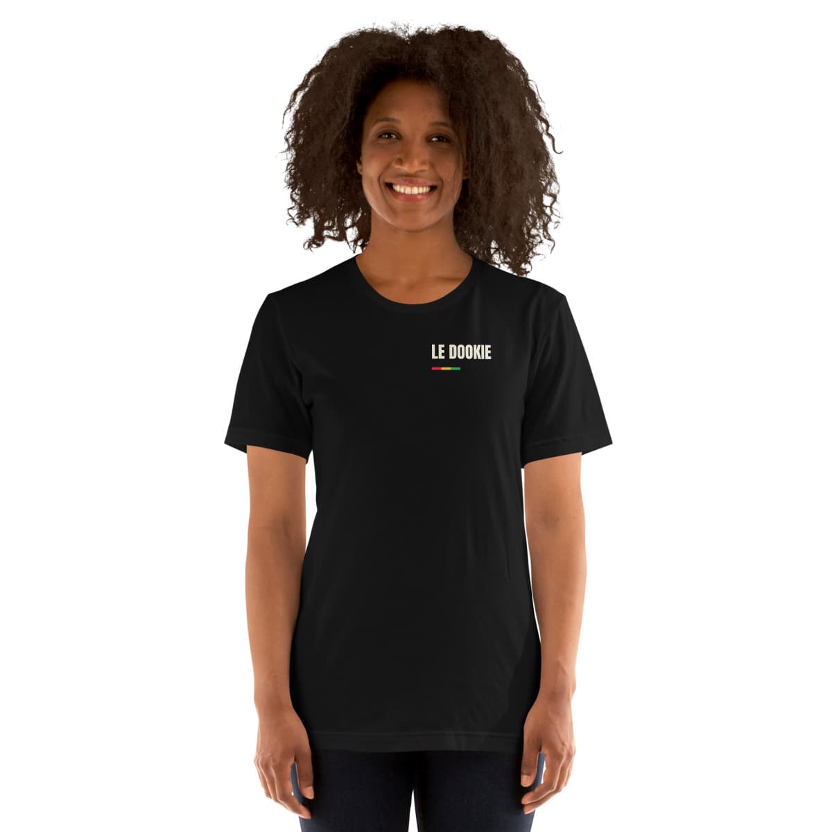 Three Loves tee, Black, worn by a model. A mockup from the printer.